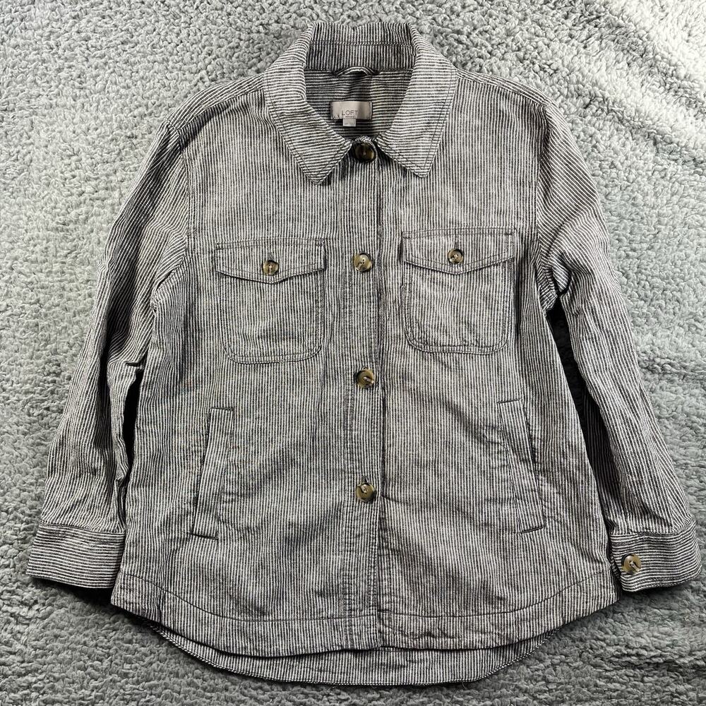 LOFT Petites MP Shirt Jacket Womens Gray Striped Linen Cotton Utility Shacket